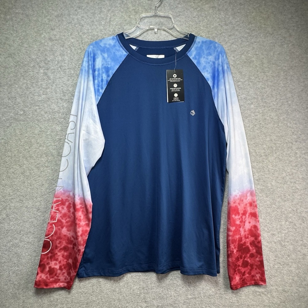 NWT Ocean + Coast Mens M Long Sleeve Rash Guard Sun Shirt Red White Blue